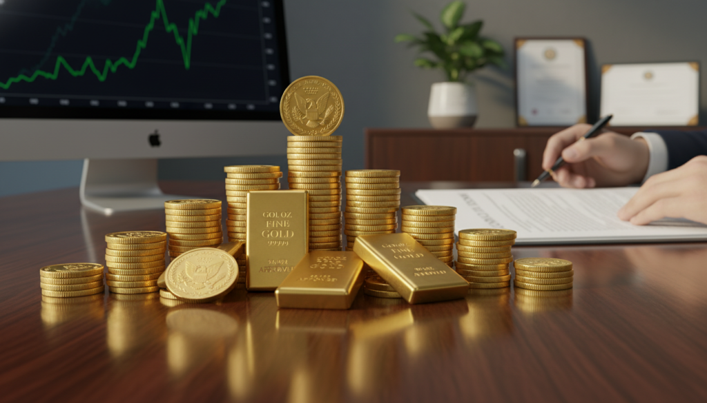 A beautifully arranged close-up of a gold IRA investment portfolio, featuring gleaming gold coins and bars stacked elegantly on a polished wooden desk. In the background, a subtle display of a financial chart emphasizing growth, blurred to keep focus on the gold. Soft, warm lighting enhances the richness of the gold, casting gentle reflections and shadows. A pair of professional hands in business attire is visible, handling documents related to the gold IRA, suggesting careful consideration and expertise. The atmosphere conveys trust and prosperity, set in a modern office environment with framed certificates and a lush potted plant subtly enriching the scene. A beautifully arranged close-up of a gold IRA investment portfolio, featuring gleaming gold coins and bars stacked elegantly on a polished wooden desk. In the background, a subtle display of a financial chart emphasizing growth, blurred to keep focus on the gold. Soft, warm lighting enhances the richness of the gold, casting gentle reflections and shadows. A pair of professional hands in business attire is visible, handling documents related to the gold IRA, suggesting careful consideration and expertise. The atmosphere conveys trust and prosperity, set in a modern office environment with framed certificates and a lush potted plant subtly enriching the scene.