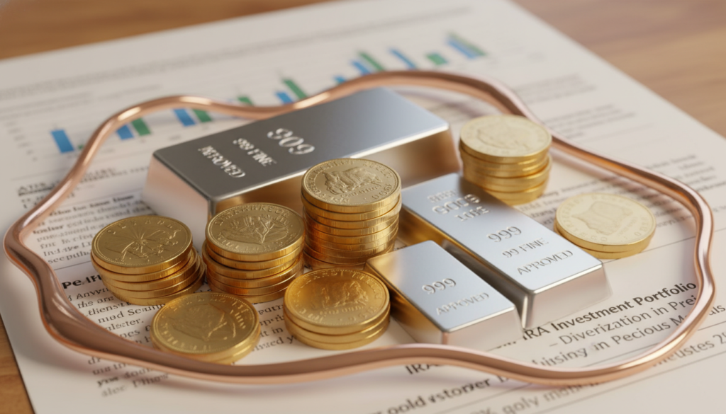 A beautifully arranged display of IRS-approved precious metals ideal for a Gold IRA portfolio. In the foreground, gleaming gold coins and silver bars are meticulously stacked, showcasing their fine details and lustrous surfaces. The middle ground features a silver bullion ingot, reflecting light in a way that highlights its purity. Surrounding these elements, delicate touches of rose gold encompass the scene, adding warmth. In the background, a soft-focus view of a financial report on investments sets a professional tone, subtly suggesting a connection to financial security. The lighting is warm yet bright, creating an inviting atmosphere that suggests wealth and stability. Shot from a slightly elevated angle to capture the richness and variety of textures.