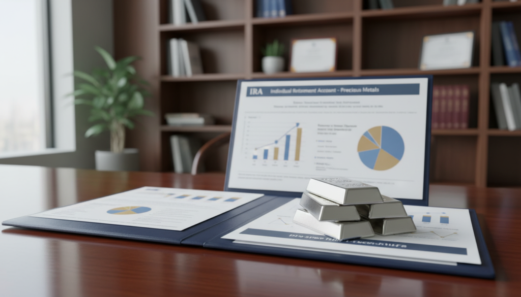 A captivating scene featuring silver bullion bars arranged neatly inside a sleek, open IRA account folder on a polished mahogany desk. In the foreground, the shiny silver bars glisten under soft, diffused lighting, reflecting glimmers of light that add depth. In the middle ground, the open folder reveals well-organized documents with financial graphs and charts subtly hinting at the investment process. In the background, a blurred, modern office environment exudes professionalism, with shelves of books and framed financial certificates. The overall atmosphere is serene and optimistic, conveying a sense of security and opportunity. The image captures the idea of financial growth and stability, ideal for the theme of investing in silver within an IRA. A captivating scene featuring silver bullion bars arranged neatly inside a sleek, open IRA account folder on a polished mahogany desk. In the foreground, the shiny silver bars glisten under soft, diffused lighting, reflecting glimmers of light that add depth. In the middle ground, the open folder reveals well-organized documents with financial graphs and charts subtly hinting at the investment process. In the background, a blurred, modern office environment exudes professionalism, with shelves of books and framed financial certificates. The overall atmosphere is serene and optimistic, conveying a sense of security and opportunity. The image captures the idea of financial growth and stability, ideal for the theme of investing in silver within an IRA.
