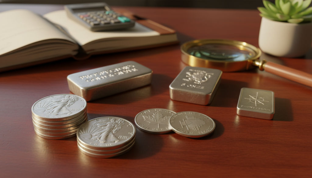 A close-up image of various physical silver coins and bars displayed on a polished wooden surface, showcasing intricate designs and glimmering surfaces. In the foreground, a few coins are stacked neatly, reflecting soft ambient light, highlighting their details. The middle ground features a few different types of silver bars, each with varying weights, creating a sense of depth. In the background, a blurred image of a well-organized desk with a magnifying glass, a notepad with a financial calculator, and an earthy plant, hinting at a thoughtful investment environment. The scene is warmly lit, evoking a sense of security and opportunity, ideal for new investors exploring silver purchasing.