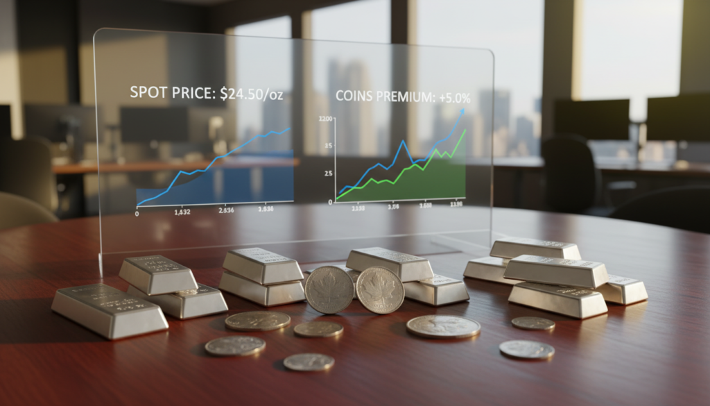 A close-up shot illustrating spot price premiums in the silver market. In the foreground, stacks of gleaming silver bars and a few shiny silver coins are meticulously arranged on an elegant wooden surface. The middle layer features a digital display screen showing fluctuating prices and charts depicting spot price trends, highlighting the contrast in premiums between bars and coins. The background subtly showcases a blurred financial setting, such as a modern office with soft ambient lighting, giving a professional atmosphere. The image is illuminated with warm, natural light, creating a sense of clarity and trust. The angle of the shot is slightly elevated, providing a comprehensive view of the items and data, evoking a mood of analytical contemplation and investment insight. A close-up shot illustrating spot price premiums in the silver market. In the foreground, stacks of gleaming silver bars and a few shiny silver coins are meticulously arranged on an elegant wooden surface. The middle layer features a digital display screen showing fluctuating prices and charts depicting spot price trends, highlighting the contrast in premiums between bars and coins. The background subtly showcases a blurred financial setting, such as a modern office with soft ambient lighting, giving a professional atmosphere. The image is illuminated with warm, natural light, creating a sense of clarity and trust. The angle of the shot is slightly elevated, providing a comprehensive view of the items and data, evoking a mood of analytical contemplation and investment insight.