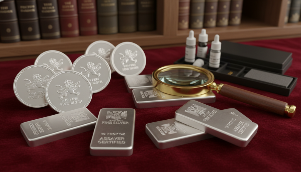 A close-up shot of various silver bars and coins showcasing their purity verification markings on a luxurious velvet surface. The foreground displays a selection of shiny silver coins and neatly stacked bars, each reflecting ambient light with fine details of their intricate designs and purity stamps. In the middle, a professional-looking magnifying glass and a purity testing kit subtly hint at the verification process, placed strategically to draw attention without overshadowing the silver products. The background consists of a blurred out shelf filled with authenticating books on precious metals, providing context without distraction. Soft, warm lighting creates an inviting atmosphere, reflecting the luxury and trust associated with genuine silver investments. The overall mood is one of professionalism and authenticity, ideal for an informative article section. A close-up shot of various silver bars and coins showcasing their purity verification markings on a luxurious velvet surface. The foreground displays a selection of shiny silver coins and neatly stacked bars, each reflecting ambient light with fine details of their intricate designs and purity stamps. In the middle, a professional-looking magnifying glass and a purity testing kit subtly hint at the verification process, placed strategically to draw attention without overshadowing the silver products. The background consists of a blurred out shelf filled with authenticating books on precious metals, providing context without distraction. Soft, warm lighting creates an inviting atmosphere, reflecting the luxury and trust associated with genuine silver investments. The overall mood is one of professionalism and authenticity, ideal for an informative article section.
