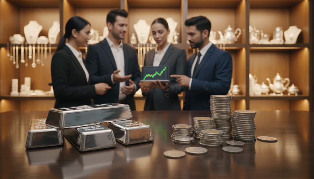 A close-up view of a bustling silver market scene. In the foreground, gleaming silver bullion bars and coins are arranged on a polished wooden table, reflecting soft ambient light. The middle ground showcases a diverse group of investors clad in professional business attire, intently discussing and examining the silver. One investor is pointing at a graph showing rising trends in silver prices on a digital tablet. The background features a vibrant marketplace with shelves displaying various forms of silver, including jewelry and antique pieces, under warm, inviting lighting. The overall atmosphere is dynamic and optimistic, encapsulating the excitement of investing in silver today. The angle is slightly elevated, providing a comprehensive view of the market's energy and engagement.