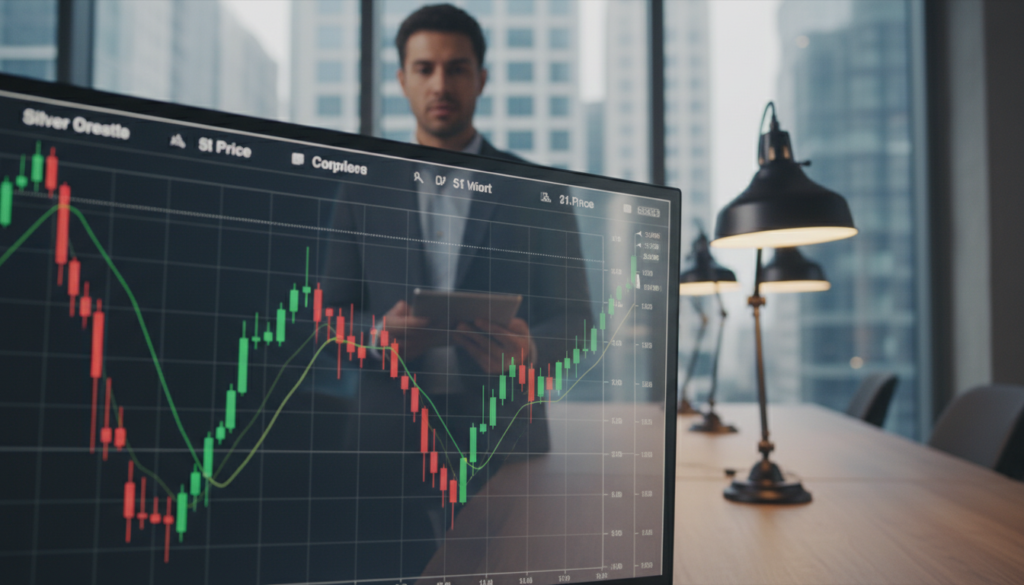 A close-up view of a dynamic silver spot price chart displayed on a digital screen in a modern financial office. In the foreground, sleek metallic graphs and candlestick patterns showcase the fluctuating prices, showcasing vibrant green upward trends and red downward dips. The middle layer features a business professional, dressed in smart casual attire, thoughtfully analyzing the data with a tablet in hand. The background includes blurred silhouettes of financial skyscrapers, bathed in warm glow from desk lamps that create a focused, productive mood. Soft natural light streams in from large windows, emphasizing the contrast between the glowing screen and the tranquil setting. The overall atmosphere conveys a sense of urgency and opportunity in silver investing.