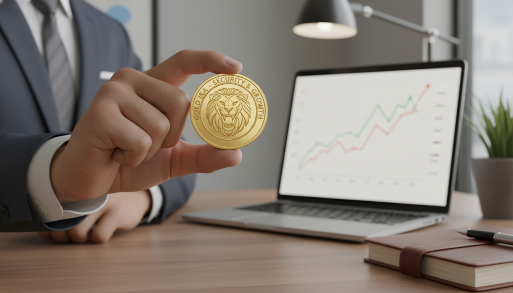 A close-up view of a golden coin symbolizing a Gold IRA prominently displayed in the foreground, capturing the intricate details of its design. In the middle ground, a hand in a professional business suit holding the coin, signifying investment and wealth management. The background features an elegant office setting with a modern desk and a laptop open to a financial chart, softly blurred to keep the focus on the coin and hand. The lighting is warm and inviting, creating a sense of optimism and opportunity. The overall mood conveys professionalism and the potential benefits of investing in a Gold IRA, illustrating security and growth in a financial context. A close-up view of a golden coin symbolizing a Gold IRA prominently displayed in the foreground, capturing the intricate details of its design. In the middle ground, a hand in a professional business suit holding the coin, signifying investment and wealth management. The background features an elegant office setting with a modern desk and a laptop open to a financial chart, softly blurred to keep the focus on the coin and hand. The lighting is warm and inviting, creating a sense of optimism and opportunity. The overall mood conveys professionalism and the potential benefits of investing in a Gold IRA, illustrating security and growth in a financial context.