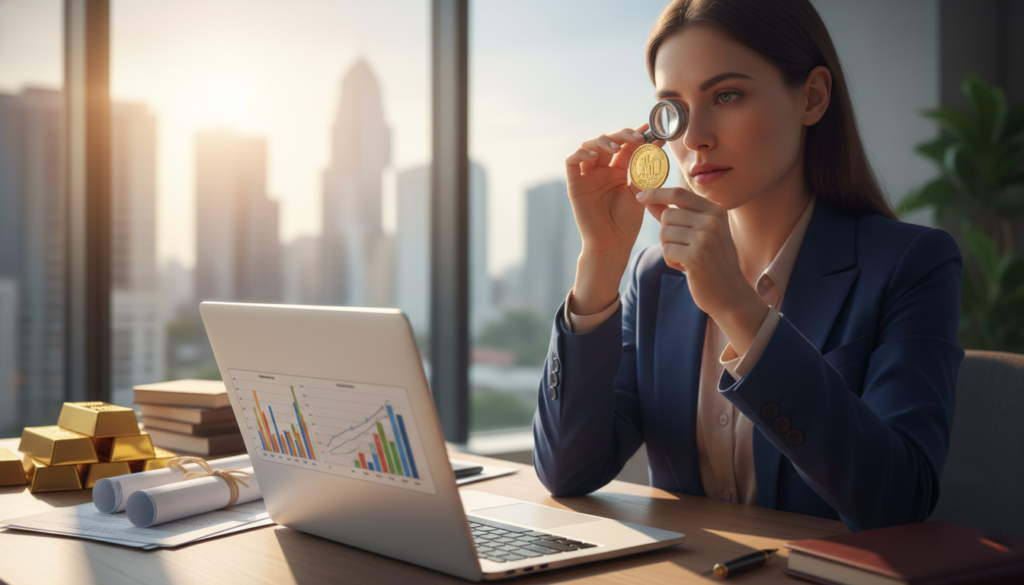 A close-up view of a professional-looking financial advisor at a desk, examining a gold coin with an analytical expression, symbolizing the concept of a gold IRA rollover. In the foreground, a sleek laptop displays charts and graphs illustrating investment diversification. The middle ground features elegant stacks of gold bars alongside traditional paper assets, like stocks and bonds, subtly mingling to represent the merging of these investment types. The background shows a modern office environment with large windows allowing warm, natural light to stream in, creating a bright and inviting atmosphere. The overall mood is optimistic and empowering, conveying a sense of financial security and opportunity for retirement portfolio diversification. The advisor is dressed in a smart outfit, reflecting professionalism. Soft focus on the background for depth. A close-up view of a professional-looking financial advisor at a desk, examining a gold coin with an analytical expression, symbolizing the concept of a gold IRA rollover. In the foreground, a sleek laptop displays charts and graphs illustrating investment diversification. The middle ground features elegant stacks of gold bars alongside traditional paper assets, like stocks and bonds, subtly mingling to represent the merging of these investment types. The background shows a modern office environment with large windows allowing warm, natural light to stream in, creating a bright and inviting atmosphere. The overall mood is optimistic and empowering, conveying a sense of financial security and opportunity for retirement portfolio diversification. The advisor is dressed in a smart outfit, reflecting professionalism. Soft focus on the background for depth.