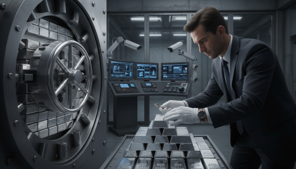 A close-up view of a secure vault door slightly ajar, revealing silver bullion bars stacked neatly inside. In the foreground, a professional-looking person in business attire inspects the contents with a feel of diligence and care, symbolizing insurance and risk protection. The middle ground features a sturdy, state-of-the-art security system with high-tech monitoring equipment, while the background displays a dimly lit, fortified room to evoke a sense of security and trust. Soft, diffused lighting highlights the gleaming surface of the silver, creating an atmosphere of safety and assurance. The entire scene conveys a mood of professionalism and reliability, illustrating the importance of protection for stored silver bullion.