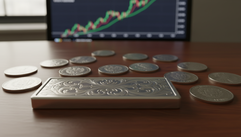 A close-up view of a silver bar and several silver coins elegantly arranged on a polished wooden table. The foreground features a gleaming silver bar embossed with intricate designs, reflecting soft natural light, while in the mid-ground, shiny silver coins with detailed minting patterns lie scattered. In the background, a blurred financial chart displays upward trends, hinting at investment opportunities. The scene is illuminated by warm, soft lighting, creating an inviting atmosphere that suggests prosperity and wealth. Capture the image from a slightly elevated angle to emphasize the textures of the silver and the warmth of the wood, evoking a sense of informed decision-making in investment. A close-up view of a silver bar and several silver coins elegantly arranged on a polished wooden table. The foreground features a gleaming silver bar embossed with intricate designs, reflecting soft natural light, while in the mid-ground, shiny silver coins with detailed minting patterns lie scattered. In the background, a blurred financial chart displays upward trends, hinting at investment opportunities. The scene is illuminated by warm, soft lighting, creating an inviting atmosphere that suggests prosperity and wealth. Capture the image from a slightly elevated angle to emphasize the textures of the silver and the warmth of the wood, evoking a sense of informed decision-making in investment.