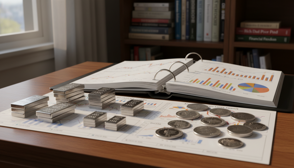A close-up view of a well-organized investment portfolio on a wooden desk, showcasing an assortment of silver bars and coins. The foreground features polished silver bars stacked neatly beside a variety of silver coins, each reflecting the light beautifully. In the middle, an open binder displays charts and graphs illustrating market trends in precious metals, suggesting analytical thought and planning. The background consists of soft, out-of-focus shelves lined with books on finance and investing, creating a professional and scholarly atmosphere. Natural light filters through a nearby window, creating a warm glow that enhances the mood of both opportunity and reflection. The composition is inviting yet professional, perfect for emphasizing divisibility and flexibility in building a diverse portfolio. A close-up view of a well-organized investment portfolio on a wooden desk, showcasing an assortment of silver bars and coins. The foreground features polished silver bars stacked neatly beside a variety of silver coins, each reflecting the light beautifully. In the middle, an open binder displays charts and graphs illustrating market trends in precious metals, suggesting analytical thought and planning. The background consists of soft, out-of-focus shelves lined with books on finance and investing, creating a professional and scholarly atmosphere. Natural light filters through a nearby window, creating a warm glow that enhances the mood of both opportunity and reflection. The composition is inviting yet professional, perfect for emphasizing divisibility and flexibility in building a diverse portfolio.