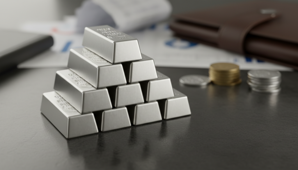 A close-up view of shiny, pure silver bullion bars stacked elegantly in an organized fashion, glistening under soft, diffused lighting. The foreground features detailed engravings on the bullion, highlighting their purity and weight. In the middle ground, a subtle reflection of the silver can be seen on a polished surface, enhancing the luxurious texture. The background is softly blurred, showcasing a faint outline of investment documents and coins, suggesting the financial aspect without drawing attention away from the bullion. The atmosphere conveys a sense of trust and prestige, emphasizing the importance of high-quality silver bullion in investment portfolios. The scene is well-composed, with a natural color palette dominated by silvers and soft greys.