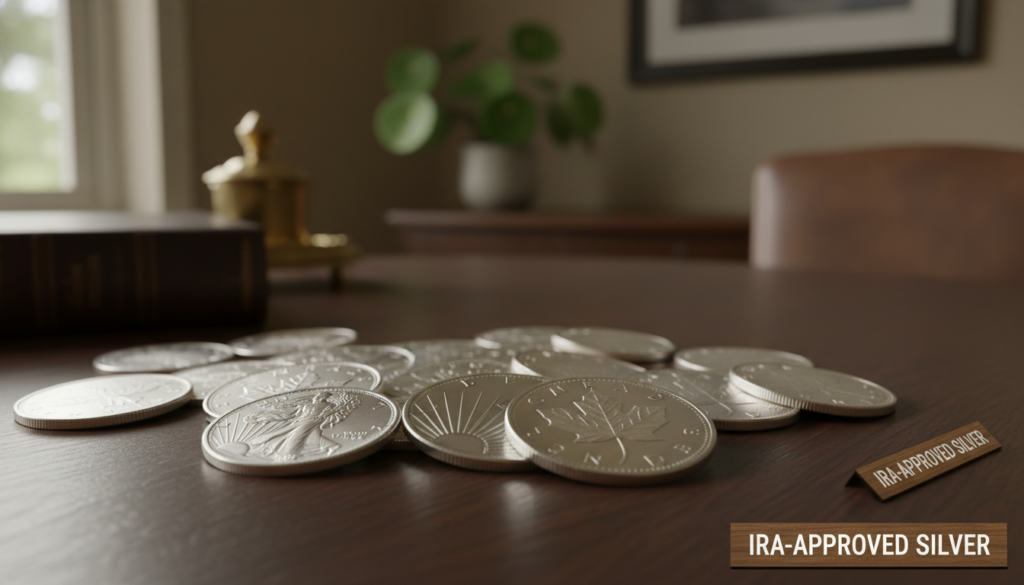 A collection of shiny silver coins spread across a wooden table, showcasing their intricate designs and reflective surfaces. In the foreground, focus on a few coins with clear details of their engravings, such as the American Silver Eagle and Canadian Maple Leaf. In the middle ground, other coins are slightly blurred, creating depth, with their metallic luster catching soft, natural light from a nearby window. The background is softly out of focus, featuring an elegant home office setting with muted, warm tones and a hint of lush greenery to evoke a sense of security and investment. The mood is professional and inviting, emphasizing the value and appeal of IRA-approved silver coins.