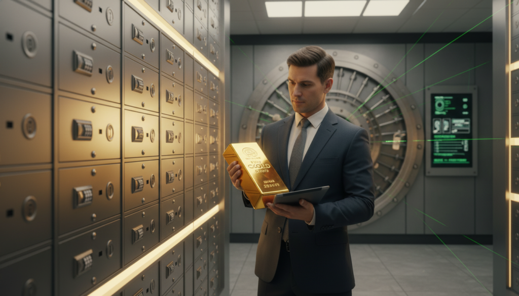 A detailed depiction of the storage process for gold in a secure IRA, showcasing a sophisticated, modern depository. In the foreground, a professional in business attire examines a gold bar, with a focus on the bar's intricate design and shine. The middle layer should depict rows of safety deposit boxes, illuminated by soft, warm light, highlighting their secure and organized nature. The background features a high-tech vault with digital displays and advanced security measures, emphasizing compliance and safety. The atmosphere is calm and secure, conveying trust and professionalism, with a slightly blurred focus on the background to draw attention to the foreground elements. The overall lighting is bright yet soft, creating an inviting and professional environment.