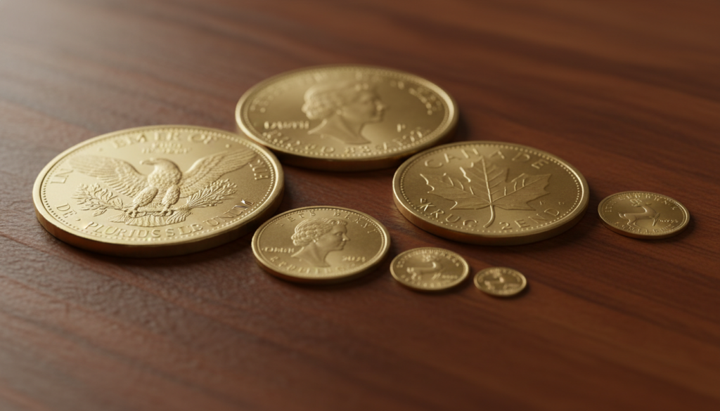 A detailed display of various gold coins arranged to showcase their sizes, featuring popular IRA-eligible gold coins such as the American Gold Eagle, Canadian Gold Maple Leaf, and South African Krugerrand. In the foreground, highlight a close-up of the coins, allowing viewers to see intricate detailing, including mint marks and designs. The middle ground should have a slightly blurred backdrop displaying a wooden table texture to enhance the richness of the coins' golden hues. Soft, warm lighting enhances the shiny surfaces of the coins, creating reflective glimmers. Use a macro lens perspective to emphasize the contrast in sizes between the coins while maintaining a professional and informative atmosphere suitable for financial discussions.
