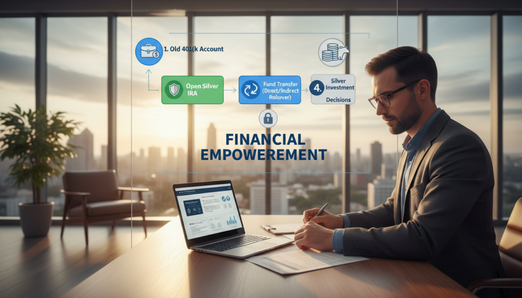 A detailed infographic illustrating the 401(k) rollover process into a Silver IRA, focusing on key steps like account opening, fund transfer, and final investment decisions. In the foreground, depict a professional-looking individual in business attire, analyzing documents and using a laptop. In the middle ground, show a flowchart detailing each step of the rollover process with icons representing 401(k) accounts, silver investments, and secure transfers. The background features a modern office setting with large windows allowing natural light to illuminate the scene, enhancing clarity. The mood should be one of professionalism and financial empowerment, emphasizing clarity and trust in financial decision-making. A detailed infographic illustrating the 401(k) rollover process into a Silver IRA, focusing on key steps like account opening, fund transfer, and final investment decisions. In the foreground, depict a professional-looking individual in business attire, analyzing documents and using a laptop. In the middle ground, show a flowchart detailing each step of the rollover process with icons representing 401(k) accounts, silver investments, and secure transfers. The background features a modern office setting with large windows allowing natural light to illuminate the scene, enhancing clarity. The mood should be one of professionalism and financial empowerment, emphasizing clarity and trust in financial decision-making.