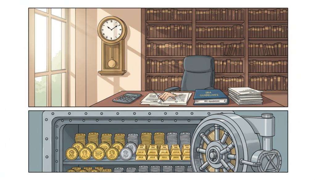 A detailed, organized illustration depicting the concept of "storage requirements" for precious metals in an IRA setup. In the foreground, showcase an elegant, secure vault door slightly ajar, revealing shiny gold and silver coins and bars, meticulously arranged. The middle ground features an organized desk with financial documents, a calculator, and a professional-looking binder labeled 'IRA Guidelines', all in a well-lit office space. In the background, a large wall clock and shelves filled with books on investment and finance create a calm atmosphere. Utilize soft, natural lighting to convey a sense of security and professionalism, captured from an eye-level perspective that invites the viewer into the scene, instilling confidence and clarity regarding IRS storage regulations. A detailed, organized illustration depicting the concept of "storage requirements" for precious metals in an IRA setup. In the foreground, showcase an elegant, secure vault door slightly ajar, revealing shiny gold and silver coins and bars, meticulously arranged. The middle ground features an organized desk with financial documents, a calculator, and a professional-looking binder labeled 'IRA Guidelines', all in a well-lit office space. In the background, a large wall clock and shelves filled with books on investment and finance create a calm atmosphere. Utilize soft, natural lighting to convey a sense of security and professionalism, captured from an eye-level perspective that invites the viewer into the scene, instilling confidence and clarity regarding IRS storage regulations.