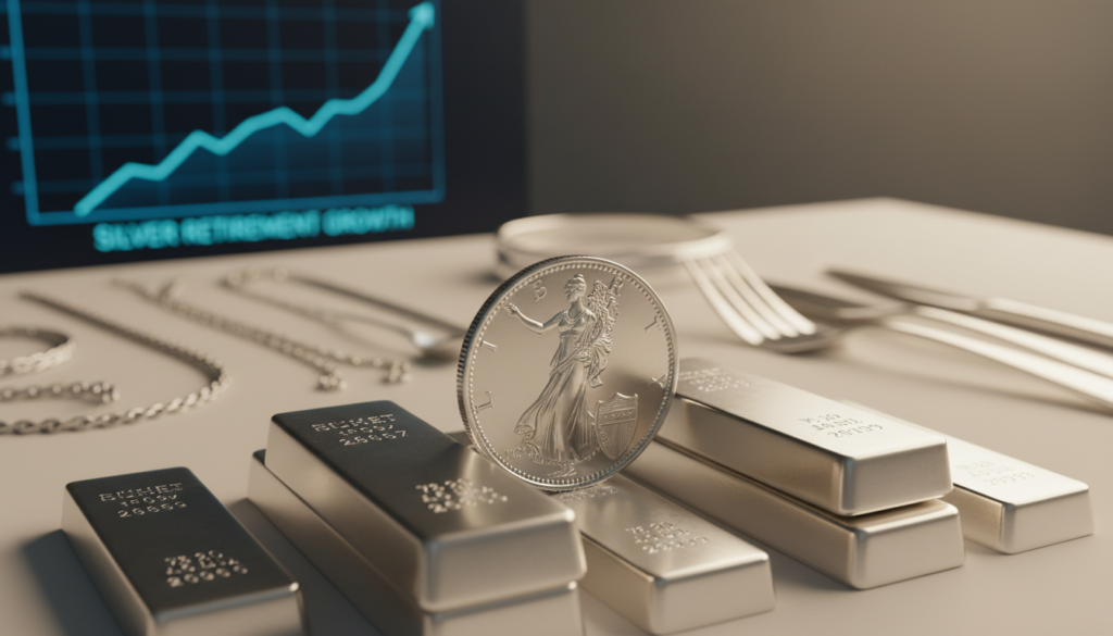 A gleaming silver coin rests prominently in the foreground, its surface reflecting soft, natural light that highlights intricate details and textures. Surrounding the coin are various silver bullion bars stacked elegantly, portraying abundance and value. In the middle ground, blurred images of silver jewelry and elegant silverware add depth, showcasing the versatility of silver as an investment. In the background, a subtle financial chart with upward trends hints at the potential growth of silver in retirement portfolios, conveying a sense of hope and strategic planning. The overall atmosphere is professional and polished, with a soft, warm light creating a sense of optimism and stability. The image is captured at a slight angle, emphasizing the coin and bars while maintaining a clean, sophisticated look.