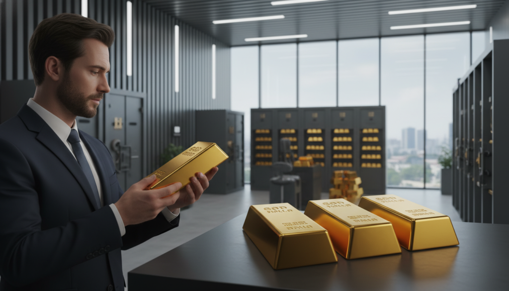 A gold IRA storage depository, showcasing a modern, secure facility filled with rows of gleaming gold bars. In the foreground, a professional-looking financial advisor in business attire examines a gold bar closely. The middle ground features various types of vaults with high-tech security features, illuminated by soft, ambient lighting, casting warm highlights on the gold. In the background, large windows allow natural light to filter in, revealing a view of a tranquil cityscape. The mood is one of trust and security, conveying the significance of investing in physical gold for an IRA. The image should be detailed, focusing on the contrast between the rich gold tones and the sleek, modern architecture. A gold IRA storage depository, showcasing a modern, secure facility filled with rows of gleaming gold bars. In the foreground, a professional-looking financial advisor in business attire examines a gold bar closely. The middle ground features various types of vaults with high-tech security features, illuminated by soft, ambient lighting, casting warm highlights on the gold. In the background, large windows allow natural light to filter in, revealing a view of a tranquil cityscape. The mood is one of trust and security, conveying the significance of investing in physical gold for an IRA. The image should be detailed, focusing on the contrast between the rich gold tones and the sleek, modern architecture.