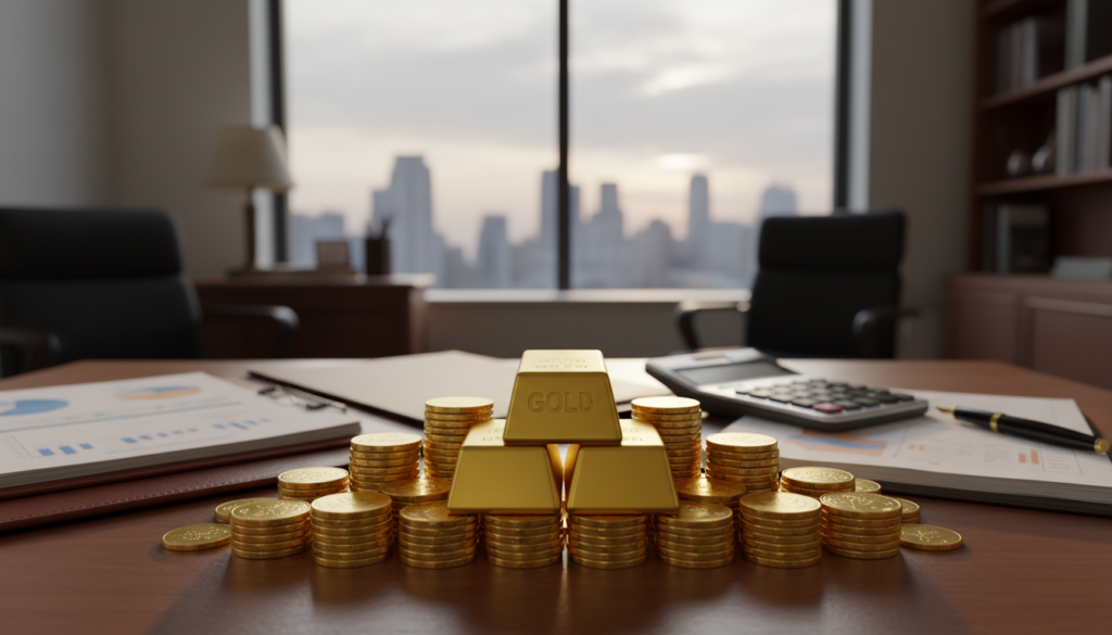 A golden IRA portfolio displayed prominently in the foreground, featuring stacked gold coins and bars that gleam under soft, warm lighting. The middle ground shows an elegant wooden desk with financial documents, a calculator, and a pen, suggesting meticulous planning. In the background, a blurred image of a professional office setting conveys a sense of fiscal responsibility and success, with a faint skyline view through a large window. The scene is bathed in natural light, creating a warm and inviting atmosphere, hinting at prosperity and wealth-building. The composition should be well-balanced, highlighting the golden assets to attract attention while maintaining a serious tone suitable for financial discussions. No text or people present in the image. A golden IRA portfolio displayed prominently in the foreground, featuring stacked gold coins and bars that gleam under soft, warm lighting. The middle ground shows an elegant wooden desk with financial documents, a calculator, and a pen, suggesting meticulous planning. In the background, a blurred image of a professional office setting conveys a sense of fiscal responsibility and success, with a faint skyline view through a large window. The scene is bathed in natural light, creating a warm and inviting atmosphere, hinting at prosperity and wealth-building. The composition should be well-balanced, highlighting the golden assets to attract attention while maintaining a serious tone suitable for financial discussions. No text or people present in the image.