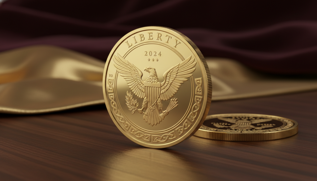 A high-quality, close-up image of a gold proof coin resting on a polished wooden surface. The coin features intricate designs, including an elegantly engraved emblem on one side and its specifications on the reverse. Soft, diffused lighting highlights the coin’s lustrous surface, accentuating its shiny gold finish and detailed engravings. The background is slightly blurred to create depth, with hints of rich fabric textures in deep burgundy and gold tones, suggesting a luxurious atmosphere. A subtle shadow beneath the coin adds realism and dimension. Capture the image at a 45-degree angle to showcase both its depth and reflective quality, evoking a sense of exclusivity and importance associated with IRA eligibility.