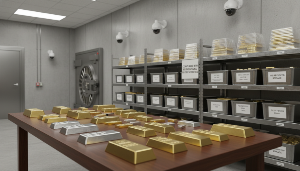 A meticulously organized storage room filled with various containers of physical precious metals, including gold and silver bullion bars and coins, stacked neatly on sturdy shelves. In the foreground, a polished wooden table displays shining, carefully arranged precious metals, with soft, warm lighting casting gentle reflections. The middle ground features secure vault lockers and labeled bins, emphasizing organization and security. The background reveals a well-lit room fitted with modern security cameras and reinforced walls, conveying a sense of safety and trust. The atmosphere is professional and serious, underscoring the importance of adhering to strict IRS regulations for precious metals. Use a medium depth of field to focus on the metals while softly blurring the background, creating a clean, inviting image. A meticulously organized storage room filled with various containers of physical precious metals, including gold and silver bullion bars and coins, stacked neatly on sturdy shelves. In the foreground, a polished wooden table displays shining, carefully arranged precious metals, with soft, warm lighting casting gentle reflections. The middle ground features secure vault lockers and labeled bins, emphasizing organization and security. The background reveals a well-lit room fitted with modern security cameras and reinforced walls, conveying a sense of safety and trust. The atmosphere is professional and serious, underscoring the importance of adhering to strict IRS regulations for precious metals. Use a medium depth of field to focus on the metals while softly blurring the background, creating a clean, inviting image.
