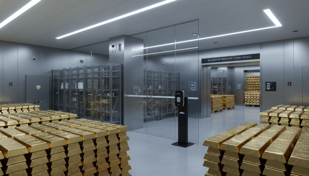 A modern and secure IRS-approved depository for precious metals, prominently featuring stacked gold bars within a high-tech vault. In the foreground, glistening gold bars shine with a polished surface, reflecting light from sleek, overhead LED fixtures. The middle ground includes secure shelving and a combination of high-tech security systems, including a biometric scanner, ensuring a cutting-edge atmosphere of safety and compliance. The background shows reinforced steel doors slightly ajar, hinting at the wealth inside. The scene is illuminated with bright, clean lighting, enhancing the metallic textures while creating a professional, trustworthy ambiance. The angle captures a wide view of the depository, emphasizing its depth and security features, evoking a sense of safety and assurance in compliance with IRS regulations.