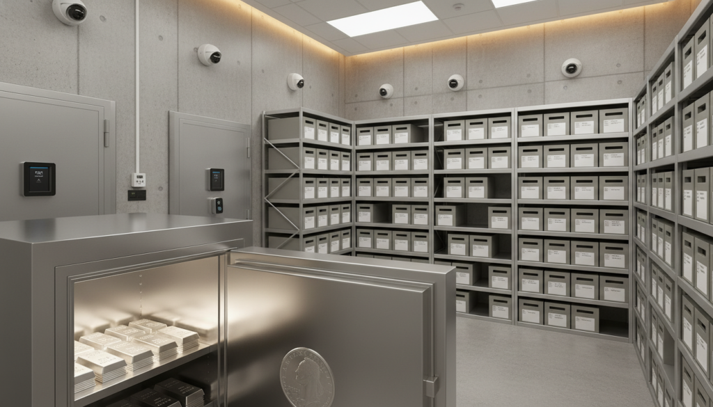 A modern depository room filled with secure silver IRA storage solutions. In the foreground, showcase a sleek, metallic safe with the door slightly ajar, revealing neatly stacked silver coins and bars inside, gleaming in the soft light. The middle ground displays organized shelves filled with protective boxes, each containing labeled documents that reflect meticulous custodial recordkeeping. In the background, a tall, reinforced wall with security cameras and biometric scanners, creating a sense of vigilance. The lighting is bright yet warm, emphasizing the importance of security and transparency. Capture the atmosphere of safety and professionalism, with a focus on the importance of approved depository standards for storing silver IRA assets. Use a wide-angle lens for an encompassing view.