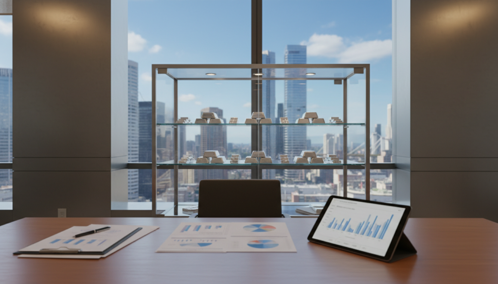 A modern financial office space featuring a process custodian depository setup. In the foreground, a sleek wooden desk with financial papers and a tablet displaying graphs related to silver investments. The middle ground shows a secure glass cabinet filled with neatly arranged physical silver coins and bars, illuminated by soft overhead lighting that creates a warm and professional atmosphere. In the background, a window with a view of a bustling city skyline under a bright blue sky, symbolizing growth and opportunity. The overall mood is focused and productive, embodying the essence of a financial strategy consultation. No humans are present in the scene.