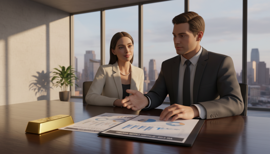 A modern office environment featuring a professional business setting focused on the concept of a Gold IRA. In the foreground, a polished wooden desk with a gold bullion bar and financial documents, including charts and graphs about precious metals investments. In the middle ground, a financial advisor in a sharp suit is discussing with a client, both engaged and attentive, their faces reflecting a sense of trust and clarity. The background showcases large windows allowing warm, natural light to flood the room, creating an inviting atmosphere. Soft shadows play across the walls, enhancing the professional tone. The overall mood is serious yet optimistic, embodying the significance of careful financial planning with precious metals.