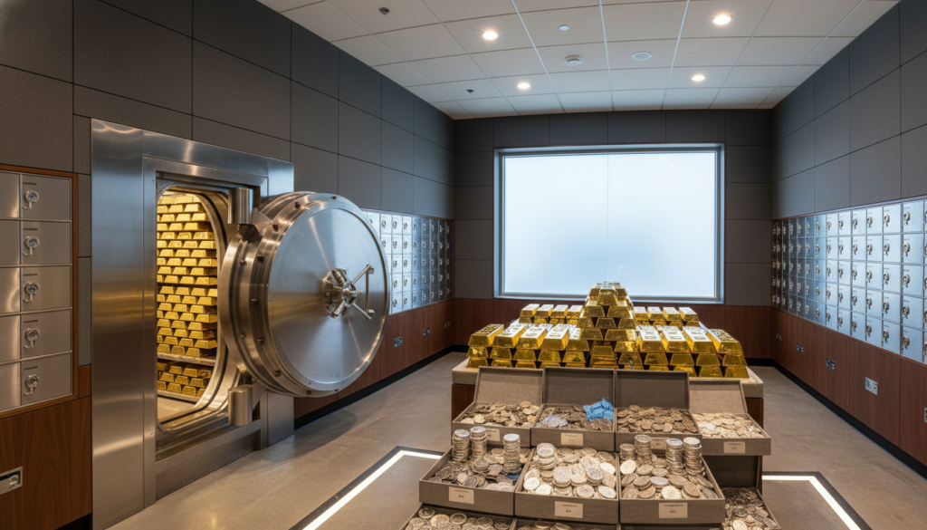 A modern, secure storage facility showcasing gold and silver bullion. In the foreground, a sleek, metallic vault door slightly ajar, hinting at its treasures within. The middle ground features neatly arranged stacks of gold bars and silver coins, reflecting soft, warm overhead lighting that enhances their luster. Surrounding the vault are safety deposit boxes, emphasizing logistics and organization. The background shows an unobtrusive window with muted natural light filtering in, creating a calm and professional atmosphere. The scene conveys a sense of security and investment prudence, evoking the practicality and seriousness of managing precious metals for retirement portfolios. Capture this image with a wide-angle lens, showcasing depth and detail.