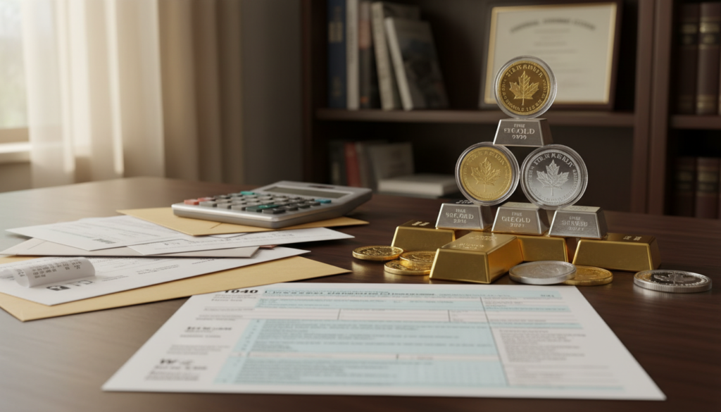 A neatly arranged desk featuring tax documents, IRS forms, and a calculator in the foreground, symbolizing the intricacies of tax regulations. In the middle, a meticulously stacked collection of various precious metals coins and bars, showcasing their investment value. The background displays a softly lit office environment with shelves holding financial books and a framed certificate for an IRA. The scene is illuminated by warm, natural light coming through a window, creating a calm and professional atmosphere. The image captures a sense of order and clarity, ideal for understanding the rules around taxes and distributions for Precious Metals IRAs. Ensure no text or overlays disrupt the visual focus. A neatly arranged desk featuring tax documents, IRS forms, and a calculator in the foreground, symbolizing the intricacies of tax regulations. In the middle, a meticulously stacked collection of various precious metals coins and bars, showcasing their investment value. The background displays a softly lit office environment with shelves holding financial books and a framed certificate for an IRA. The scene is illuminated by warm, natural light coming through a window, creating a calm and professional atmosphere. The image captures a sense of order and clarity, ideal for understanding the rules around taxes and distributions for Precious Metals IRAs. Ensure no text or overlays disrupt the visual focus.