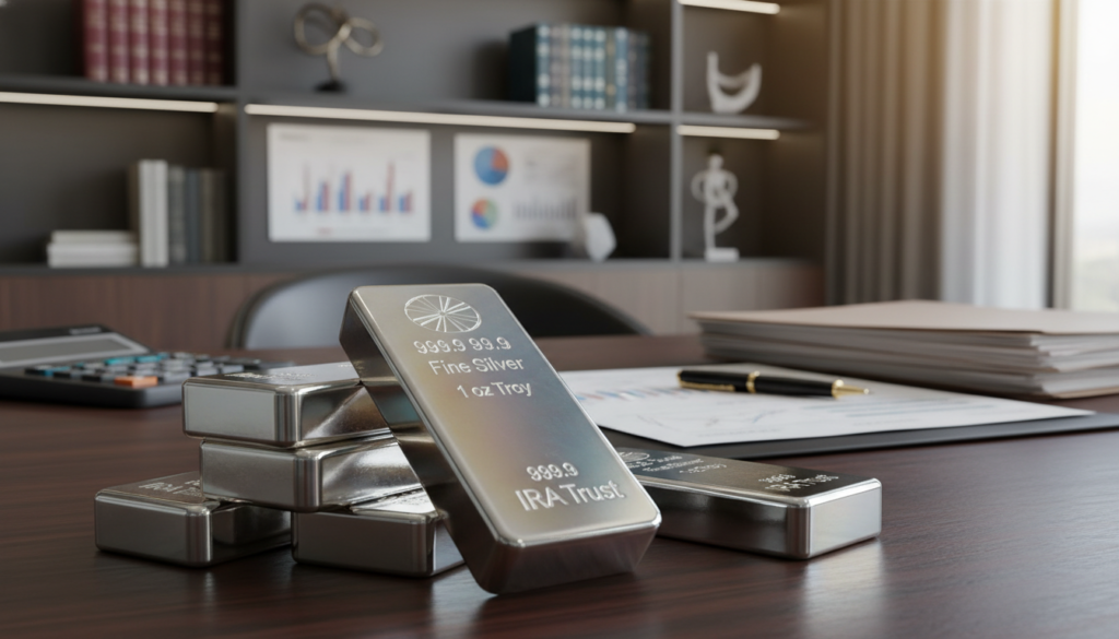 A polished stack of IRA approved silver bullion bars, gleaming under soft, natural light to highlight their reflective surfaces. In the foreground, a close-up view of several silver bars, each engraved with a purity mark and weight, showcasing intricate details and the iridescent shine of the metal. In the middle ground, a wooden desk with financial documents and a calculator, creating an atmosphere of professionalism and investment. The background features a blurred office environment with shelves holding financial books and charts, emphasizing the serious aspect of financial planning. The overall mood is informative and trustworthy, with warm lighting that enhances the silver's allure and invites the viewer to consider the importance of IRA eligible silver bars in investment strategies.