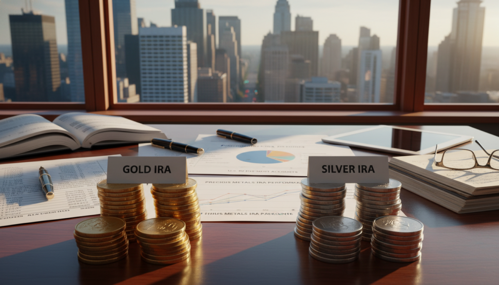 A professional and informative scene illustrating the concepts of Gold IRA versus Silver IRA for U.S. retirement accounts. In the foreground, two distinct stacks of gold and silver coins, each radiating a subtle glow to indicate their value. The middle layer features a well-organized desk with financial documents, charts comparing gold and silver, and pens, suggesting a thoughtful analysis. In the background, a large window provides natural light, revealing a skyline view of a bustling financial district, symbolizing the investment environment. The overall mood is serious and analytical, with warm, inviting lighting highlighting the coins and papers. Aim for a focus on clarity and professionalism, using a slightly elevated angle for depth, reminiscent of a finance expert's workspace.