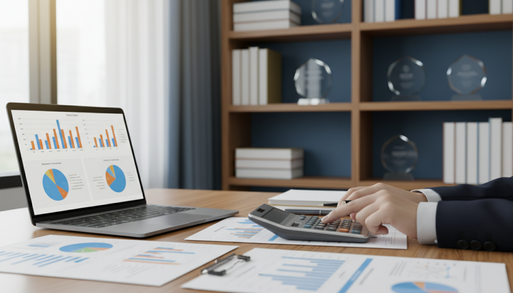 A professional and serene office environment, featuring a neatly organized desk with financial documents and a calculator, symbolizing setup and account administration fees. In the foreground, a pair of hands calculating numbers on the calculator, wearing a smart business attire. In the middle, a laptop open with graphs and pie charts displayed, representing financial planning. The background shows shelves filled with finance books and awards, accentuating expertise and professionalism. Soft, natural lighting streams through a window, creating a confident and focused atmosphere. The room has a warm color palette, invoking a sense of clarity and trustworthiness. The angle captures the desk from a slight side view, emphasizing both the workspace and the analytical process.