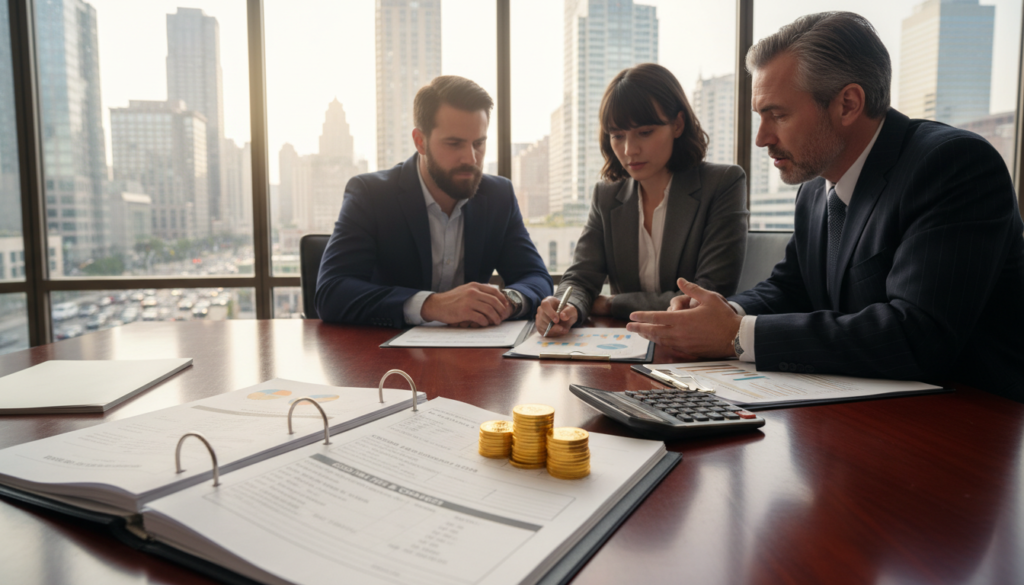 A professional business setting focused on financial planning. In the foreground, a well-organized desk displays documents detailing fees and storage costs related to a Gold IRA, with a calculator and a small stack of gold coins adding a touch of luxury. In the middle ground, a diverse group of three business professionals—one woman and two men—are engaged in discussion, dressed in smart business attire, studying the papers intently. The background features a panoramic window with natural light streaming in, showcasing a bustling cityscape. The atmosphere is serious yet optimistic, highlighting the importance of informed financial decisions. Shot from a slight angle to capture both the group and the informative materials clearly, with soft, warm lighting to convey approachability and professionalism. A professional business setting focused on financial planning. In the foreground, a well-organized desk displays documents detailing fees and storage costs related to a Gold IRA, with a calculator and a small stack of gold coins adding a touch of luxury. In the middle ground, a diverse group of three business professionals—one woman and two men—are engaged in discussion, dressed in smart business attire, studying the papers intently. The background features a panoramic window with natural light streaming in, showcasing a bustling cityscape. The atmosphere is serious yet optimistic, highlighting the importance of informed financial decisions. Shot from a slight angle to capture both the group and the informative materials clearly, with soft, warm lighting to convey approachability and professionalism.