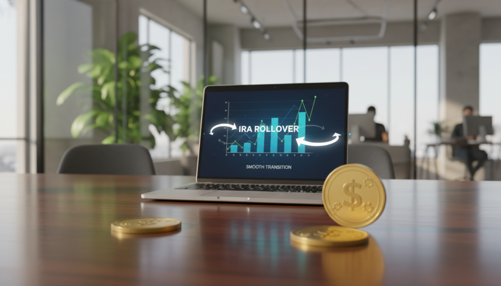 A professional business setting showcasing a conceptual representation of a "direct rollover." In the foreground, illustrate two elegant gold coins symbolizing financial assets on a polished wooden desk, reflecting the idea of stability and value. The middle layer features a clean, modern desktop with an open laptop displaying financial graphs and charts related to IRA rollovers, including arrows indicating movement and transition. In the background, a soft-focus office environment with glass walls and plants adds depth, suggesting a serene yet professional atmosphere. Illuminate the scene with warm, natural lighting that creates a welcoming and optimistic mood. Perspective should be slightly elevated, capturing all elements harmoniously while avoiding clutter. The image should reflect clarity and professionalism, conveying the concept of a smooth financial transition.
