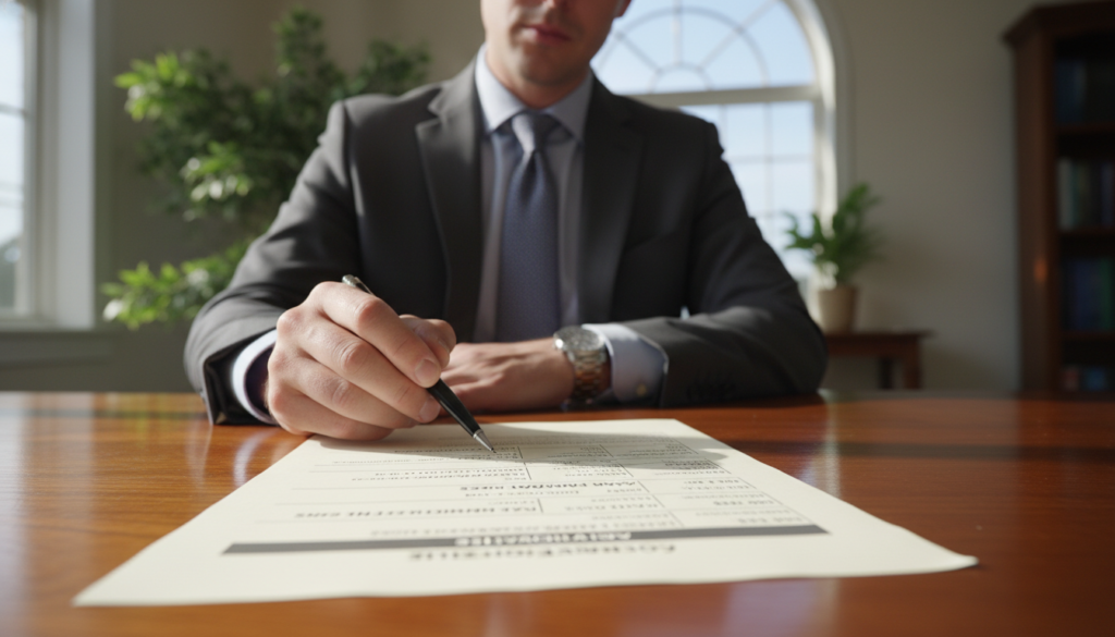 A professional custodian fee schedule displayed prominently on a clean, elegant wooden desk. In the foreground, there is a close-up of the fee schedule with sections clearly delineated for various services, such as account setup, annual fees, and transaction costs, printed in a sharp, legible font. In the middle, a well-dressed financial advisor, wearing a tailored suit, focuses on the document, providing a sense of analysis and professionalism. The background features a softly blurred office environment, with a large window allowing natural light to stream in, creating a warm and inviting atmosphere. The lighting emphasizes the details on the fee schedule, enhancing the understanding of financial intricacies while maintaining a serious and informative mood.