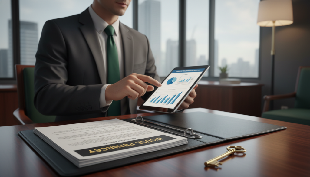 A professional office environment illustrating the concept of "Insurance Coverage" related to gold IRA storage. In the foreground, a polished wooden desk featuring a sleek, open file with documents labeled "Insurance Policy" and a golden key symbolizing security. In the middle, a financial advisor in a tailored business suit reviews a tablet, with charts showing audit results and financial transparency. The background reveals a modern office with large windows letting in natural light, casting soft shadows. Soft, warm lighting creates a sense of trust and professionalism, while the color scheme is composed of gold, deep green, and rich brown, emphasizing the stability and value of precious assets. The overall mood conveys security and transparency in financial matters.