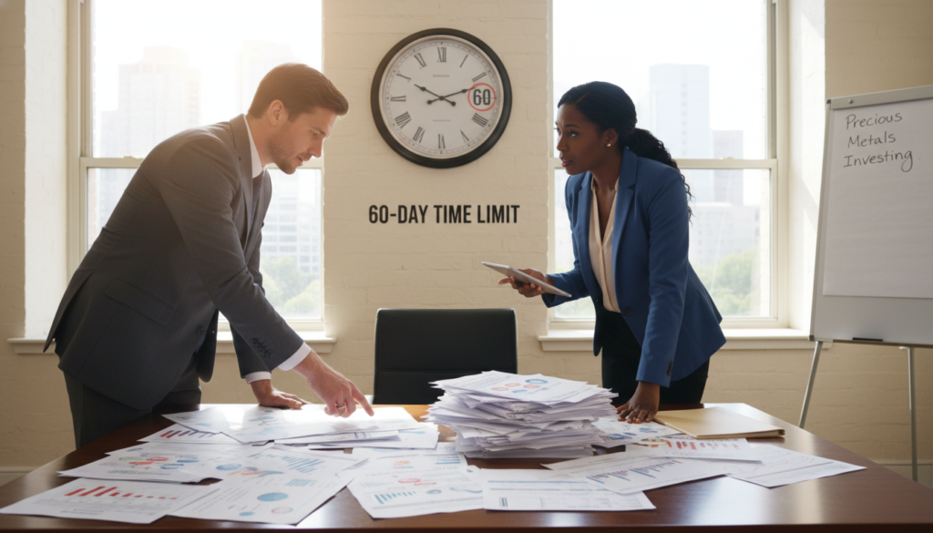 A professional office environment showcasing the concept of "indirect rollover." In the foreground, a sleek wooden desk holds a stack of documents labeled with financial graphs and calculations, symbolizing tax implications. Two business professionals, one man and one woman, dressed in professional business attire, are discussing the documents animatedly, with expressions of focus and concern. In the middle, a large clock hangs on the wall, illustrating the 60-day time limit, set against a backdrop of windows reflecting a sunny day outside. Warm, natural lighting streams in, casting soft shadows to create an inviting yet serious atmosphere. The overall mood conveys the urgency and importance of understanding financial decisions in precious metals investing. A professional office environment showcasing the concept of "indirect rollover." In the foreground, a sleek wooden desk holds a stack of documents labeled with financial graphs and calculations, symbolizing tax implications. Two business professionals, one man and one woman, dressed in professional business attire, are discussing the documents animatedly, with expressions of focus and concern. In the middle, a large clock hangs on the wall, illustrating the 60-day time limit, set against a backdrop of windows reflecting a sunny day outside. Warm, natural lighting streams in, casting soft shadows to create an inviting yet serious atmosphere. The overall mood conveys the urgency and importance of understanding financial decisions in precious metals investing.