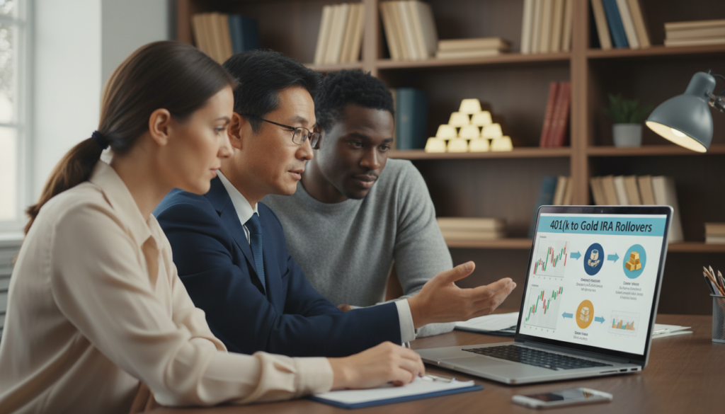 A professional office setting focusing on a financial advisor's desk. In the foreground, a well-dressed financial advisor, a middle-aged Asian man in a navy suit, is guiding a young couple, a Caucasian woman in a business casual blouse, and an African American man in a smart sweater, as they explore investment options. The middle ground features a laptop displaying financial graphs and a colorful infographic on 401(k) rollovers to Gold IRAs. In the background, shelves lined with financial books and decorative gold bars create an atmosphere of wealth and security. The lighting is warm and inviting, with a soft focus on the advisor's attentive expression, capturing a sense of trust and professionalism. The scene should exude a mood of financial empowerment and preparedness for retirement.