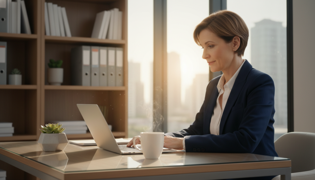 A professional plan administrator sitting at a sleek modern desk in a bright, well-organized office. The administrator, a middle-aged woman with short brown hair, dressed in a tailored navy blazer and white blouse, is reviewing financial documents on a laptop. In the foreground, a cup of coffee rests beside a potted plant. The middle ground features a large window with sunlight streaming in, illuminating the room and creating a warm atmosphere. In the background, shelves filled with binders and books on finance can be seen, emphasizing a professional environment. The lighting is bright and inviting, conveying a sense of clarity and confidence, with a focus on the administrator’s engaged expression as she assists a client with their financial decisions. A professional plan administrator sitting at a sleek modern desk in a bright, well-organized office. The administrator, a middle-aged woman with short brown hair, dressed in a tailored navy blazer and white blouse, is reviewing financial documents on a laptop. In the foreground, a cup of coffee rests beside a potted plant. The middle ground features a large window with sunlight streaming in, illuminating the room and creating a warm atmosphere. In the background, shelves filled with binders and books on finance can be seen, emphasizing a professional environment. The lighting is bright and inviting, conveying a sense of clarity and confidence, with a focus on the administrator’s engaged expression as she assists a client with their financial decisions.