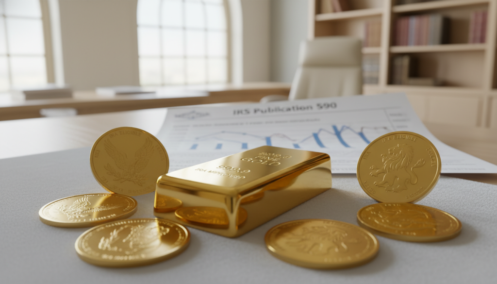 A scene depicting the concept of purity in the context of IRA-approved gold bars and coins. In the foreground, a gleaming, finely crafted gold bar rests on a smooth velvet cloth, reflecting light with a polished surface that emphasizes its authenticity. Around the bar, several gold coins are arranged, showcasing intricate designs that symbolize wealth and prosperity. The middle ground features a subtle hint of a financial document, with faint outlines of graphs and regulations, hinting at the IRS rules. The background features a softly blurred, elegant office setting with natural light streaming through large windows, creating an uplifting and serene atmosphere. The overall color palette should involve warm golds and soft whites, evoking a sense of trust, clarity, and stability. The composition should be well-balanced and harmonious, emphasizing the purity and legitimacy of the gold assets.