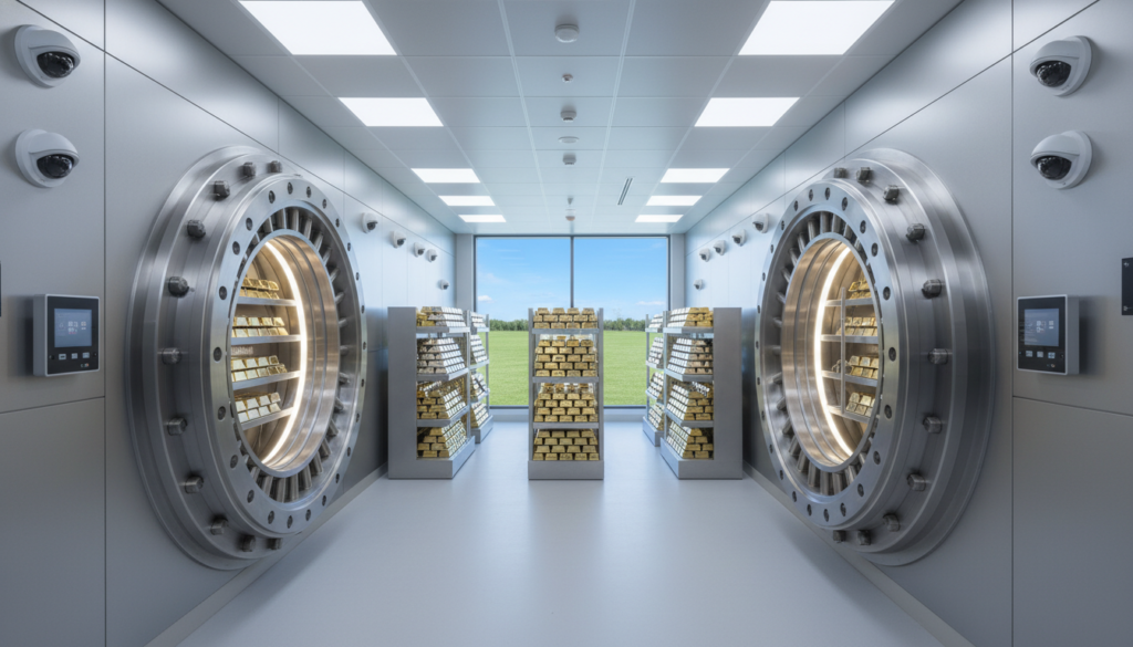 A secure, modern storage facility for precious metals, showcasing a spacious, well-lit depository room in the foreground. In the center, large, high-security vault doors are slightly open, revealing neatly organized shelves filled with gold and silver bars, all gleaming under the soft, cool white overhead lights. The walls are lined with advanced surveillance cameras and a digital access control system, highlighting the facility's security features. In the background, a panoramic window shows a serene, well-maintained exterior with clear blue skies, symbolizing trust and reliability. The overall atmosphere is polished and professional, conveying a sense of safety and security essential for storing valuable assets. The image should be captured from a slightly low angle to emphasize the grandeur of the depository. A secure, modern storage facility for precious metals, showcasing a spacious, well-lit depository room in the foreground. In the center, large, high-security vault doors are slightly open, revealing neatly organized shelves filled with gold and silver bars, all gleaming under the soft, cool white overhead lights. The walls are lined with advanced surveillance cameras and a digital access control system, highlighting the facility's security features. In the background, a panoramic window shows a serene, well-maintained exterior with clear blue skies, symbolizing trust and reliability. The overall atmosphere is polished and professional, conveying a sense of safety and security essential for storing valuable assets. The image should be captured from a slightly low angle to emphasize the grandeur of the depository.