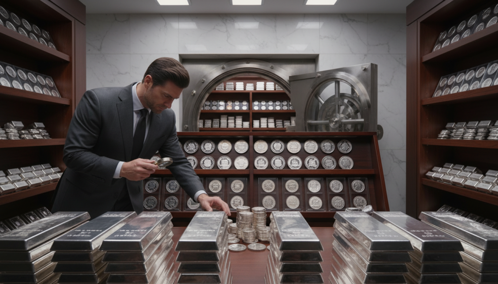A secure vault filled with shiny silver bars and coins, meticulously arranged to showcase their brilliance. In the foreground, a well-dressed professional in a suit is examining the silver, using a magnifying glass to inspect the quality. The middle layer features sleek wooden shelves displaying an array of silver investment products, including American Eagles and rounds, reflecting soft overhead lighting. The background contains a large, heavy door slightly open, hinting at further precious metal storage inside, set against a marble wall that adds to the sense of opulence and security. The atmosphere is serious and informative, emphasizing the importance of wealth preservation. Soft, diffused lighting highlights the gleam of the metals, casting gentle reflections on the polished surfaces. The image should exude professionalism and expertise.