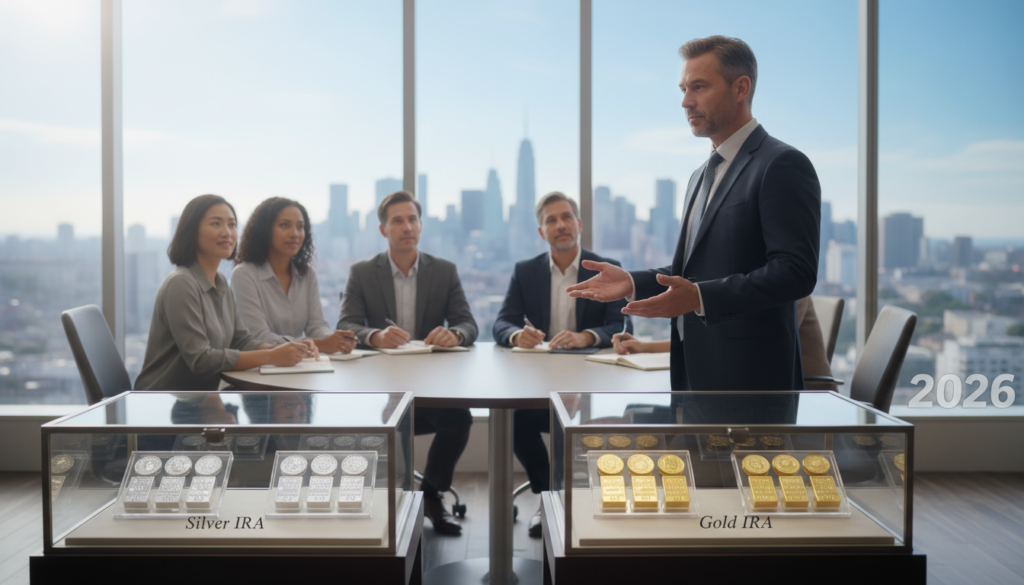 A serene financial planning office setting in the foreground with a professional advisor discussing retirement investment strategies. The advisor, dressed in business attire, gestures towards two elegant display cases holding silver and gold bullion coins, symbolizing Silver IRA and Gold IRA. In the middle ground, a diverse group of investors, men and women of various ages, attentively listening and taking notes, reflect a sense of contemplation and optimism about their retirement options. The background features a large window showcasing a bright and hopeful skyline, suggesting a future full of possibilities. Soft, natural lighting filters through, creating a warm and inviting atmosphere, while a slight depth of field focuses attention on the advisor and the display cases, emphasizing the importance of making informed investment choices for retirement in 2026.