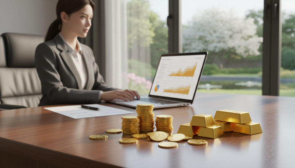 A serene office environment showcasing the benefits of gold IRAs in retirement accounts. In the foreground, a polished wooden desk displays a variety of physical precious metals, including gold coins and bars, gleaming under soft, warm lighting. In the middle ground, a professional in business attire examines a financial report on a laptop, with charts illustrating growth and stability. Behind them, a large window reveals a tranquil view of a garden, symbolizing peace of mind in retirement planning. The atmosphere is optimistic and professional, bathed in natural light that enhances the gold’s luster. The image captures a sense of security, focusing on the reliability of precious metals in financial planning. A serene office environment showcasing the benefits of gold IRAs in retirement accounts. In the foreground, a polished wooden desk displays a variety of physical precious metals, including gold coins and bars, gleaming under soft, warm lighting. In the middle ground, a professional in business attire examines a financial report on a laptop, with charts illustrating growth and stability. Behind them, a large window reveals a tranquil view of a garden, symbolizing peace of mind in retirement planning. The atmosphere is optimistic and professional, bathed in natural light that enhances the gold’s luster. The image captures a sense of security, focusing on the reliability of precious metals in financial planning.
