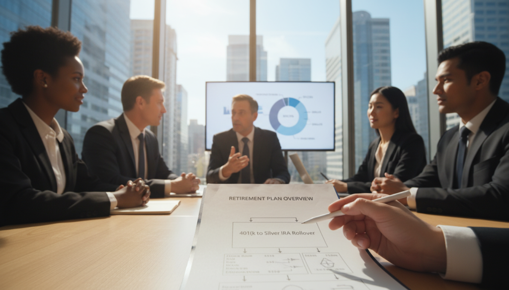 A serene office setting where a diverse group of professionals, dressed in business attire, discusses retirement strategies around a conference table. In the foreground, a close-up of a hand pointing to a detailed retirement plan document illustrating a 401(k) to Silver IRA rollover. In the middle, expressions of focus and collaboration among the team, with a financial planner presenting a pie chart showcasing investment diversification. The background features large windows revealing a bright, sunlit cityscape, symbolizing a prosperous future. Soft, natural lighting enhances the atmosphere of optimism and planning, while the angle captures the engagement among the professionals, reflecting the importance of making informed decisions for retirement. A serene office setting where a diverse group of professionals, dressed in business attire, discusses retirement strategies around a conference table. In the foreground, a close-up of a hand pointing to a detailed retirement plan document illustrating a 401(k) to Silver IRA rollover. In the middle, expressions of focus and collaboration among the team, with a financial planner presenting a pie chart showcasing investment diversification. The background features large windows revealing a bright, sunlit cityscape, symbolizing a prosperous future. Soft, natural lighting enhances the atmosphere of optimism and planning, while the angle captures the engagement among the professionals, reflecting the importance of making informed decisions for retirement.