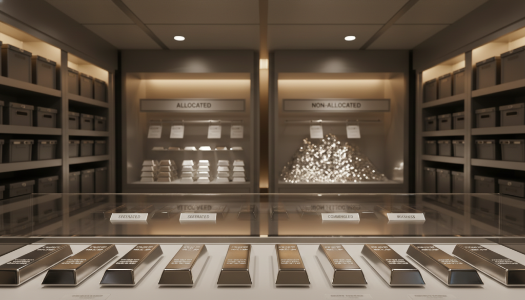 A sleek, modern vault interior showcasing the concept of storage fees for precious metals. In the foreground, a transparent glass display case showcases neatly arranged silver bars, each labeled to indicate "segregated" and "commingled" storage methods. The middle section features two distinct storage areas: one with neatly organized silver bars labeled “allocated” and another with bulk silver reflecting light, indicating “non-allocated” storage. The background is filled with shelves of secured containers, illuminated by soft, warm lighting to create an inviting atmosphere. The perspective is from a slight low angle to emphasize the height and security of the vault, giving a sense of professionalism and trust. No people are present, maintaining a focused depiction of the storage environment.