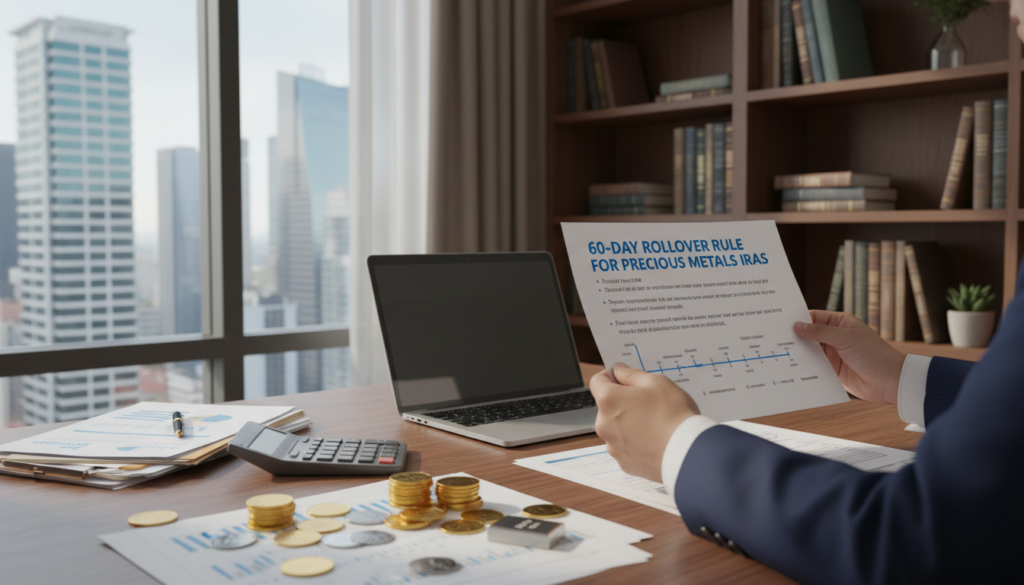 A sophisticated office setting, featuring a modern wooden desk with a calculator, financial documents, and a sleek laptop. In the foreground, a pair of hands—dressed in professional attire—carefully examining a chart detailing the 60-day rollover rule for precious metals IRAs, with coins and bullion pieces scattered nearby, glinting under soft, natural light filtering through a large window. The middle ground includes a bookshelf filled with financial guides and investment books. The background showcases a panoramic view of a city skyline, symbolizing opportunity and wealth. The overall mood is optimistic and informative, reflecting a journey towards financial empowerment through precious metals investments. The image is well-composed with a slight depth of field to retain focus on the subject. A sophisticated office setting, featuring a modern wooden desk with a calculator, financial documents, and a sleek laptop. In the foreground, a pair of hands—dressed in professional attire—carefully examining a chart detailing the 60-day rollover rule for precious metals IRAs, with coins and bullion pieces scattered nearby, glinting under soft, natural light filtering through a large window. The middle ground includes a bookshelf filled with financial guides and investment books. The background showcases a panoramic view of a city skyline, symbolizing opportunity and wealth. The overall mood is optimistic and informative, reflecting a journey towards financial empowerment through precious metals investments. The image is well-composed with a slight depth of field to retain focus on the subject.