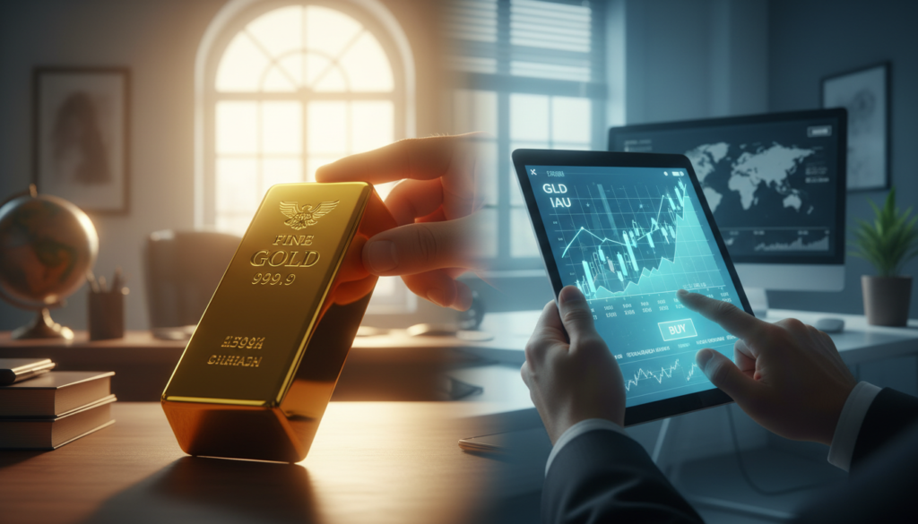 A striking visual showing the contrast between gold and ETFs, embodying the theme of investment choices in precious metals. In the foreground, a shiny gold bullion bar gleams under warm, soft lighting, reflecting a sense of stability and tradition. Beside it, a digital display symbolizes ETFs, featuring stylized graphs and stock tickers, illuminated in cool blue tones to represent modernity and digital finance. In the middle ground, a split scene shows a hand holding the gold bar on one side and a tablet displaying asset performance on the other, emphasizing the decision-making process. In the background, a blurred image of a serene office environment enhances the professional atmosphere, with sunlight filtering through a window. The overall mood conveys financial savvy and informed investment choices, inviting viewers to consider the merits of both options. A striking visual showing the contrast between gold and ETFs, embodying the theme of investment choices in precious metals. In the foreground, a shiny gold bullion bar gleams under warm, soft lighting, reflecting a sense of stability and tradition. Beside it, a digital display symbolizes ETFs, featuring stylized graphs and stock tickers, illuminated in cool blue tones to represent modernity and digital finance. In the middle ground, a split scene shows a hand holding the gold bar on one side and a tablet displaying asset performance on the other, emphasizing the decision-making process. In the background, a blurred image of a serene office environment enhances the professional atmosphere, with sunlight filtering through a window. The overall mood conveys financial savvy and informed investment choices, inviting viewers to consider the merits of both options.