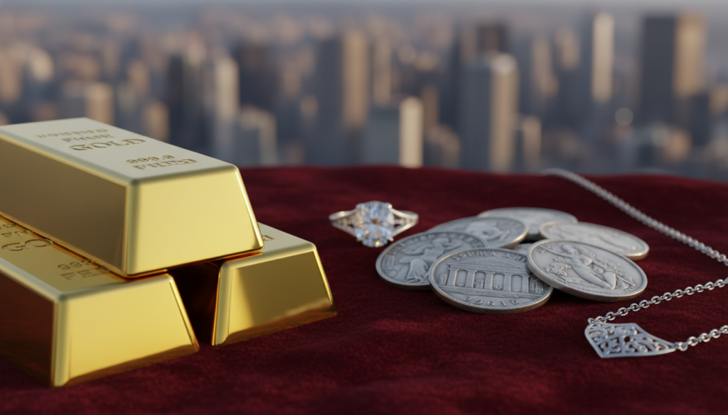 A stunning close-up of an array of precious metals, including shiny gold bars, elegant silver coins, and intricate platinum jewelry, beautifully arranged on a soft velvet cloth. The foreground features a gold bar with reflective surfaces catching warm sunlight, highlighting its rich texture. In the middle, an assortment of silver coins reveals detailed engravings, while a delicate platinum ring glistens subtly. The background softly fades into a blurred image of a city skyline, symbolizing wealth and investment opportunities. The lighting is warm and inviting, creating a mood of prosperity and security. The overall composition is sleek and professional, perfect for an article about financial growth and retirement planning. Focus on clarity and detail without any distractions. A stunning close-up of an array of precious metals, including shiny gold bars, elegant silver coins, and intricate platinum jewelry, beautifully arranged on a soft velvet cloth. The foreground features a gold bar with reflective surfaces catching warm sunlight, highlighting its rich texture. In the middle, an assortment of silver coins reveals detailed engravings, while a delicate platinum ring glistens subtly. The background softly fades into a blurred image of a city skyline, symbolizing wealth and investment opportunities. The lighting is warm and inviting, creating a mood of prosperity and security. The overall composition is sleek and professional, perfect for an article about financial growth and retirement planning. Focus on clarity and detail without any distractions.